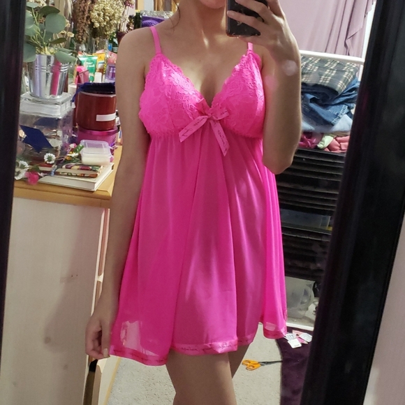 Juicy Couture Other - 🔴 Juicy Couture Babydoll Lingerie Sheer Lacey Neon Pink Chemise Slip Dress 🔴